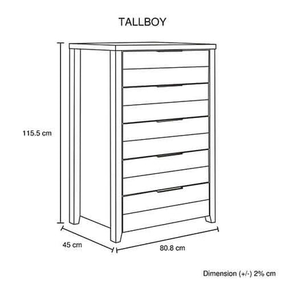 Tallboy with 5 Storage Drawers Natural Wood like MDF in Oak Colour