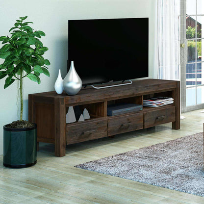 TV Cabinet with 3 Storage Drawers with Shelf Solid Acacia Wooden Frame