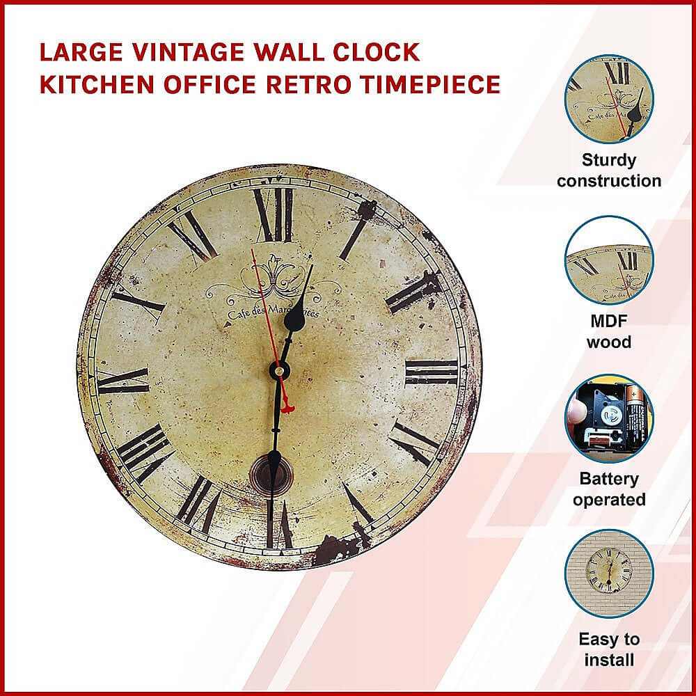 Large Vintage Wall Clock Kitchen Office Retro Timepiece