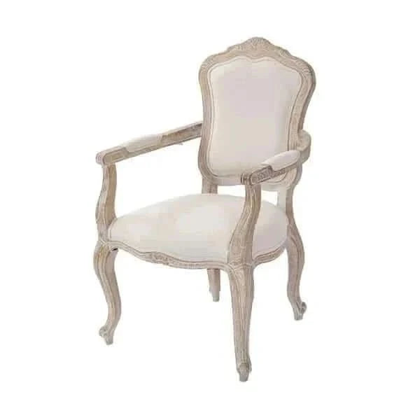 Arm Chair Linen Fabric Beige Oak Wood White Washed Finish