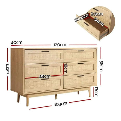 Artiss Rattan 6 Chest of Drawers - BRIONY Oak