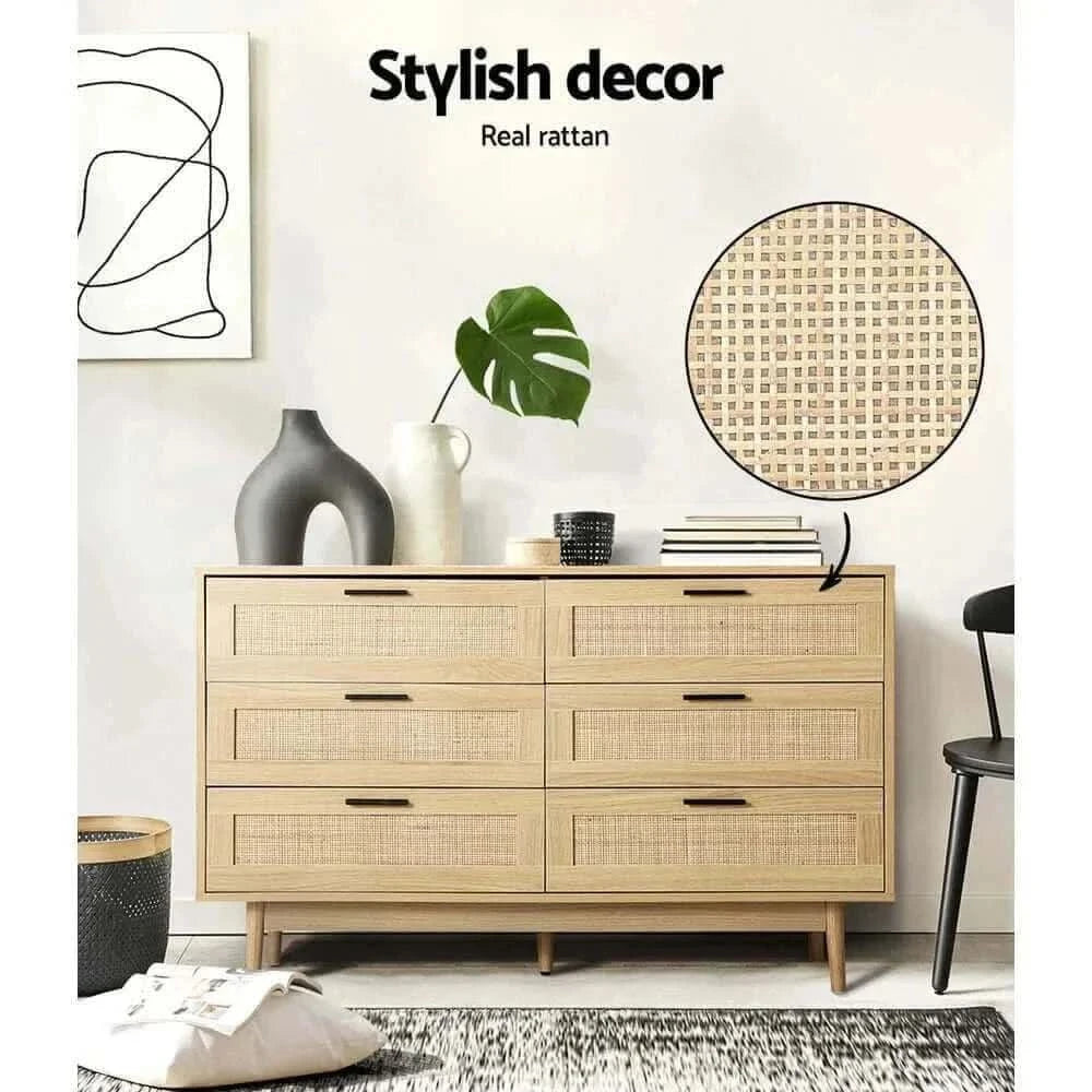 Artiss Rattan 6 Chest of Drawers - BRIONY Oak