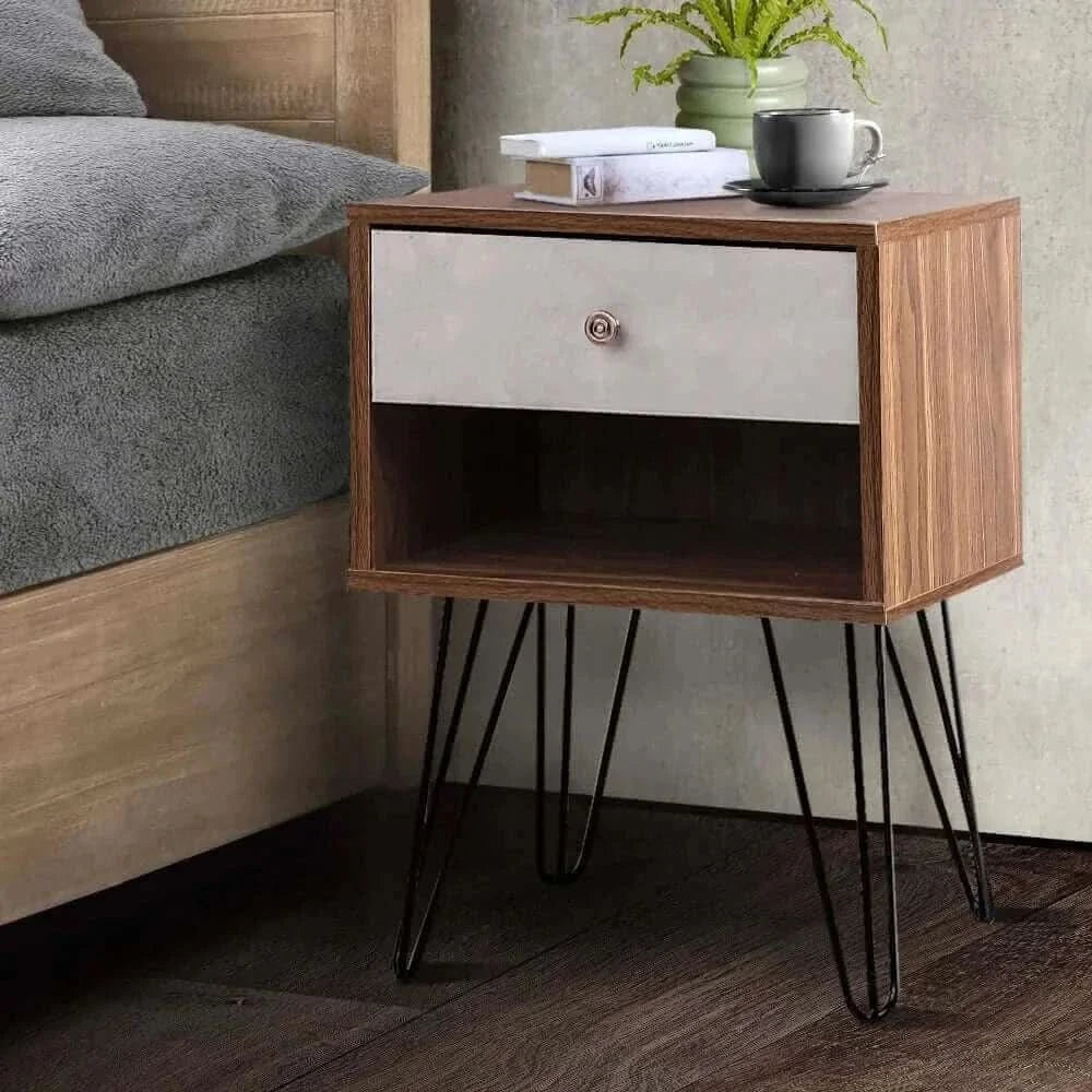 LARS Hair Pin Leg Bedside Table 1 Drawers with Shelf