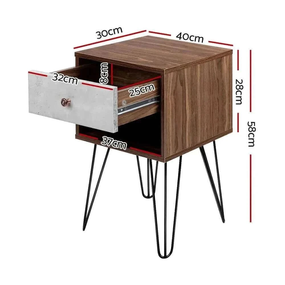 LARS Hair Pin Leg Bedside Table 1 Drawers with Shelf
