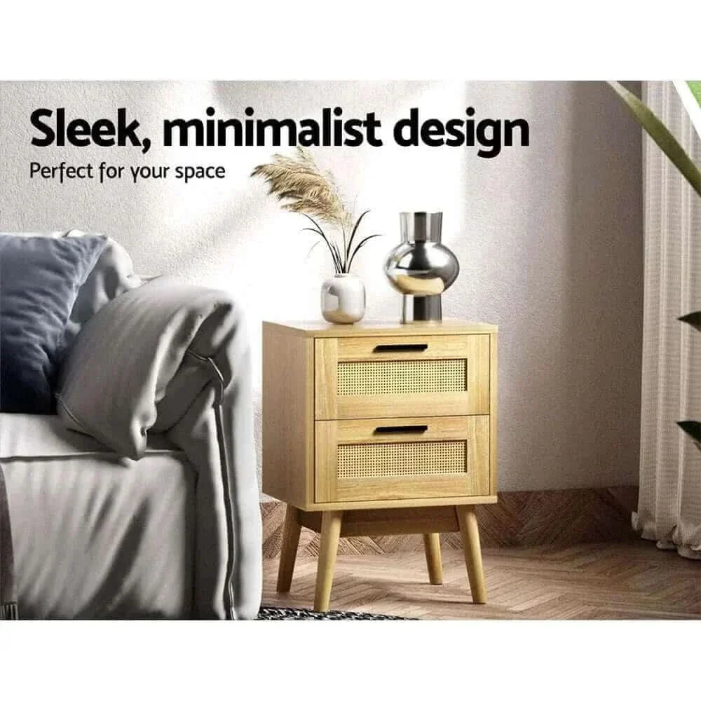 RIE Rattan Nightstand 2 Drawers Bedside Table - Oak