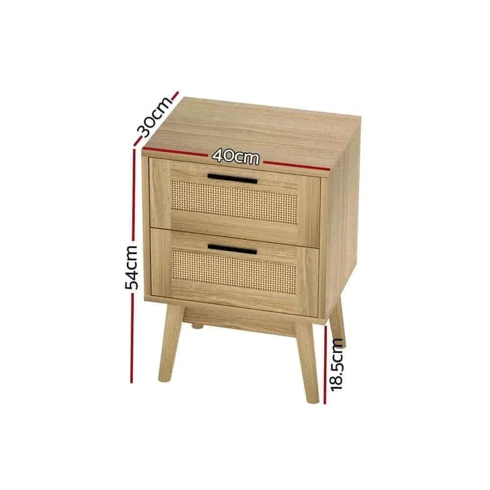 RIE Rattan Nightstand 2 Drawers Bedside Table - Oak