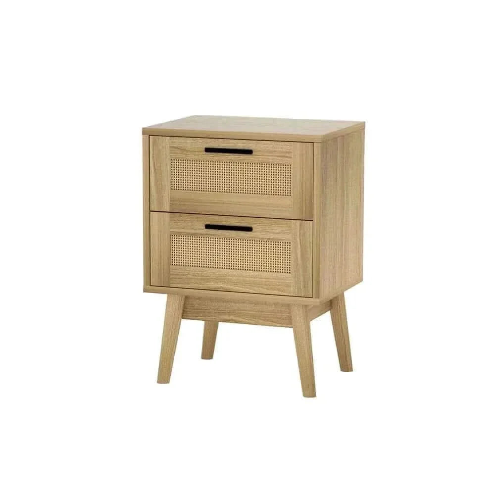 RIE Rattan Nightstand 2 Drawers Bedside Table - Oak