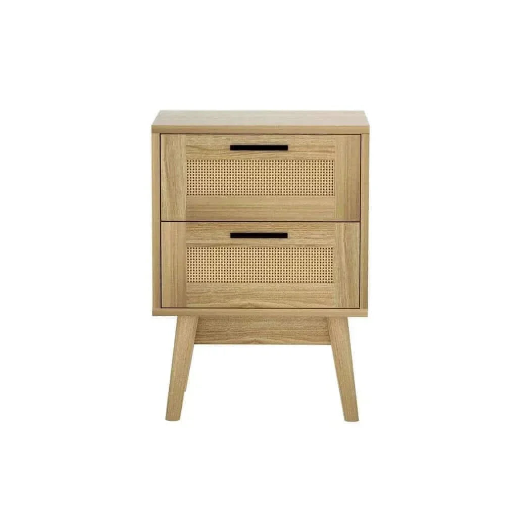 RIE Rattan Nightstand 2 Drawers Bedside Table - Oak