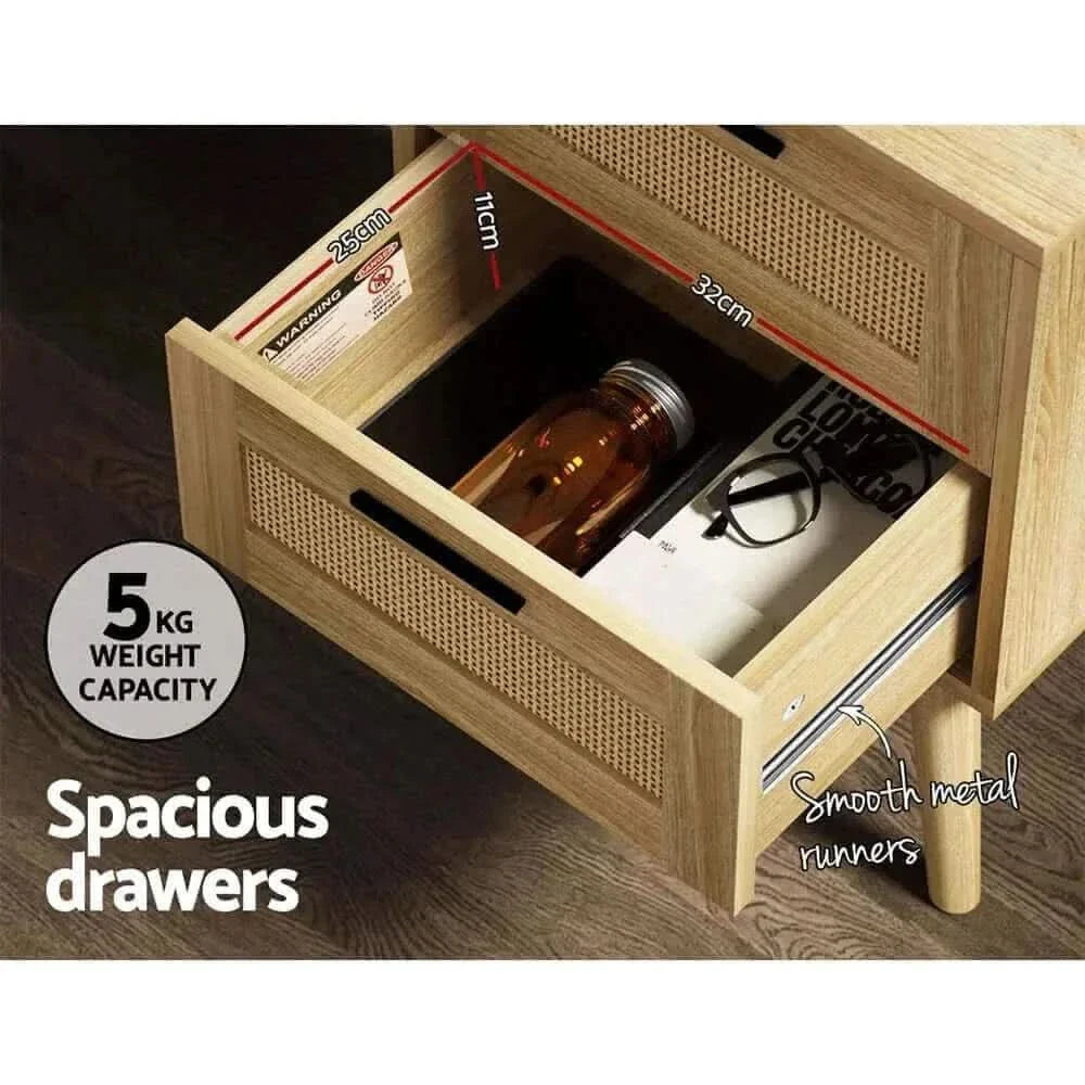 RIE Rattan Nightstand 2 Drawers Bedside Table - Oak
