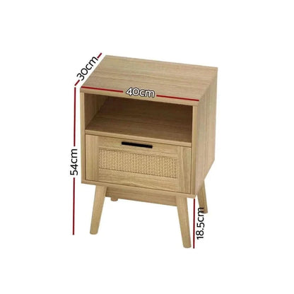 Artiss Rattan Nightstand 1 Drawer with Shelve - REI Oak