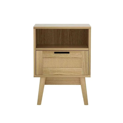 Artiss Rattan Nightstand 1 Drawer with Shelve - REI Oak