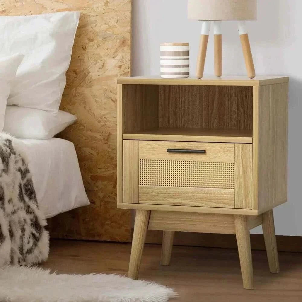 Artiss Rattan Nightstand 1 Drawer with Shelve - REI Oak