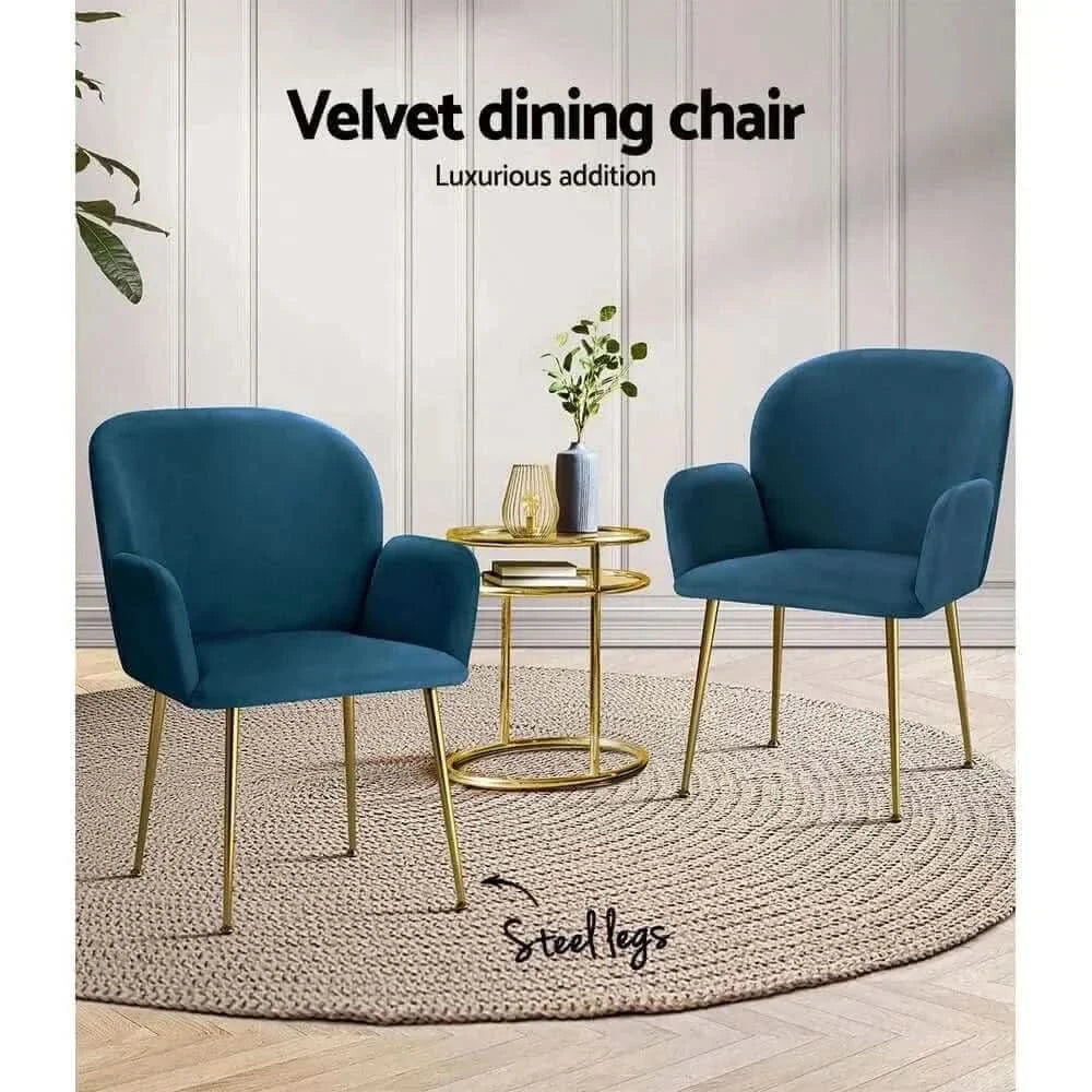 Artiss Dining Armchair Chairs Set of 2 Velvet Upholstered - Blue