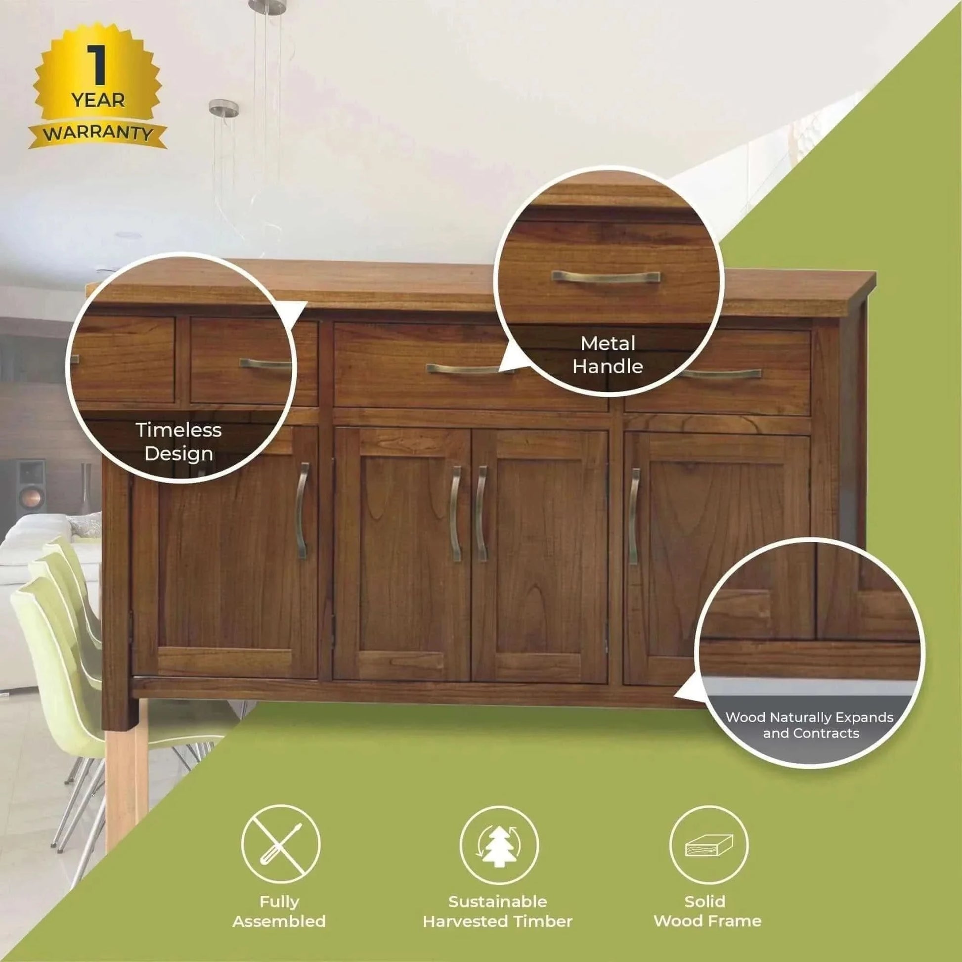 Birdsville Storage Buffet Table 161cm 4 Door 3 Drawer - Brown
