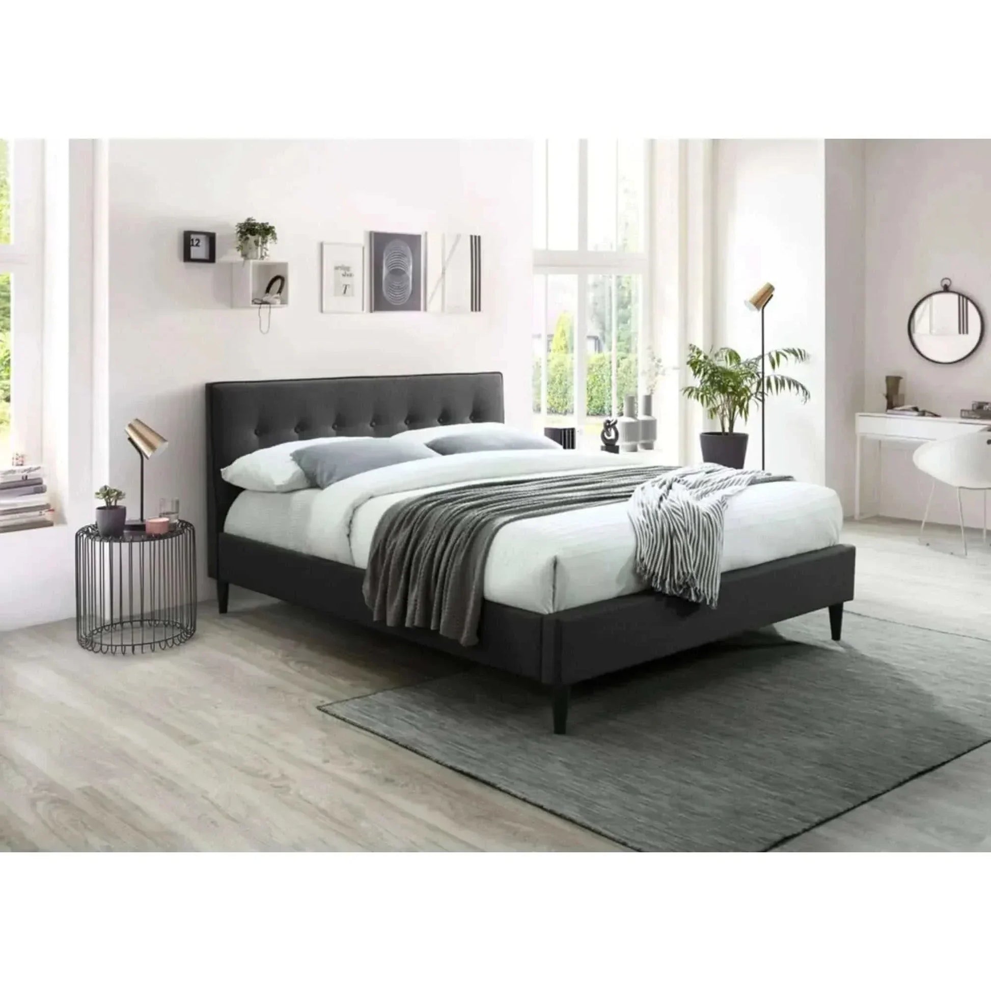Buttercup Elegant Queen Size Bed Frame Fabric Upholstered - Grey