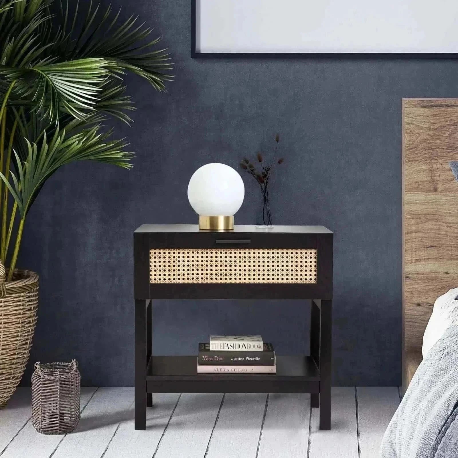 Casa Decor Tulum Rattan Bedside Table Nightstand - Black