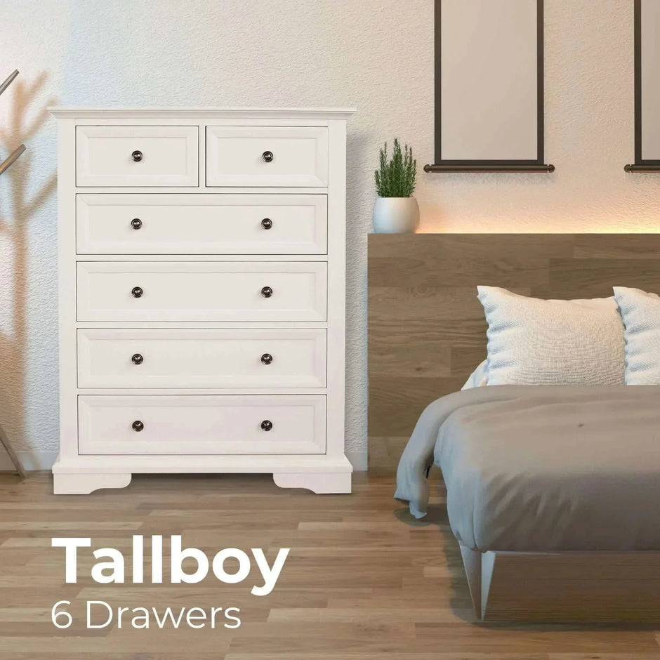 white tallboy drawers