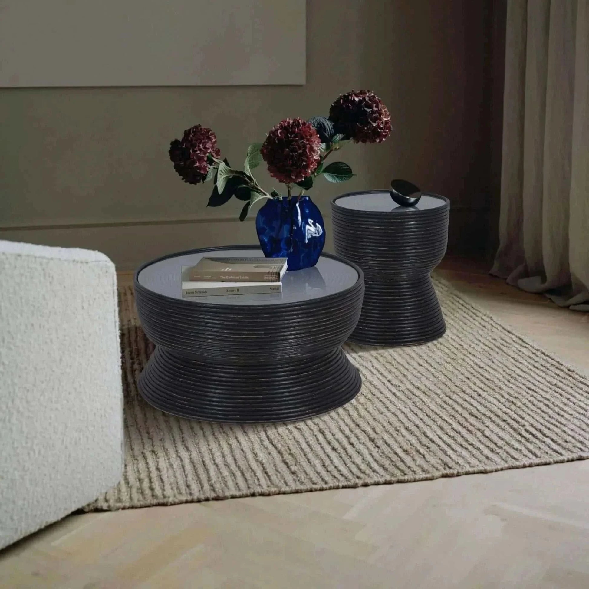 Clover Rattan Round Coffee Table 80cm with Glass Top - Distressed Blac
