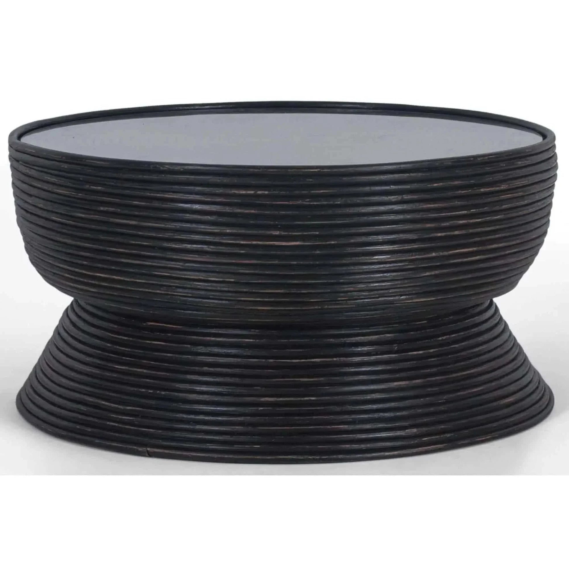 Clover Rattan Round Coffee Table 80cm with Glass Top - Distressed Blac