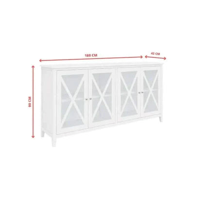 Daisy 180cm 4 Glass Door Sideboard Cabinet Solid Acacia Wood - White