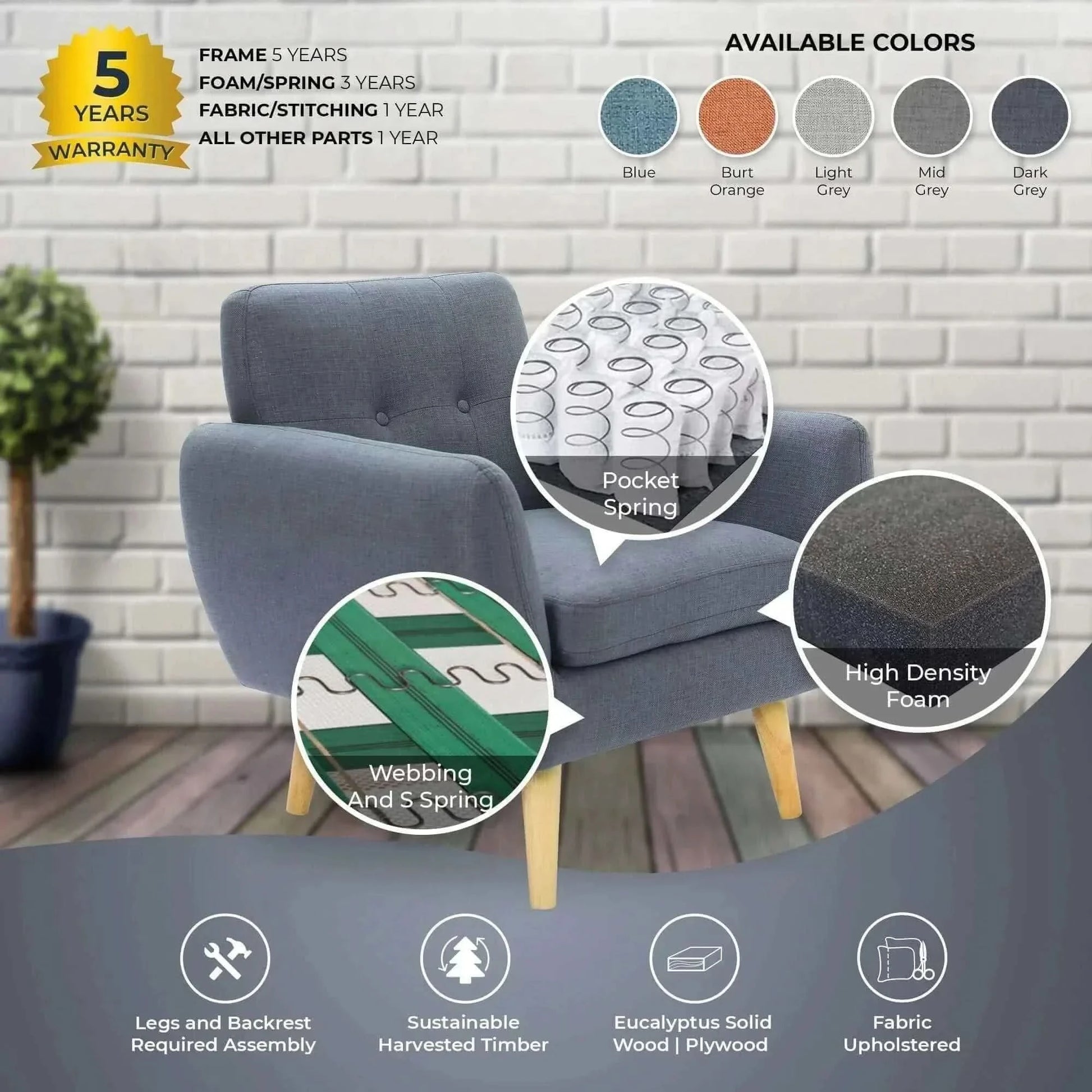 Dane Single Seater Fabric Upholstered Sofa Armchair Lounge Couch - Dar