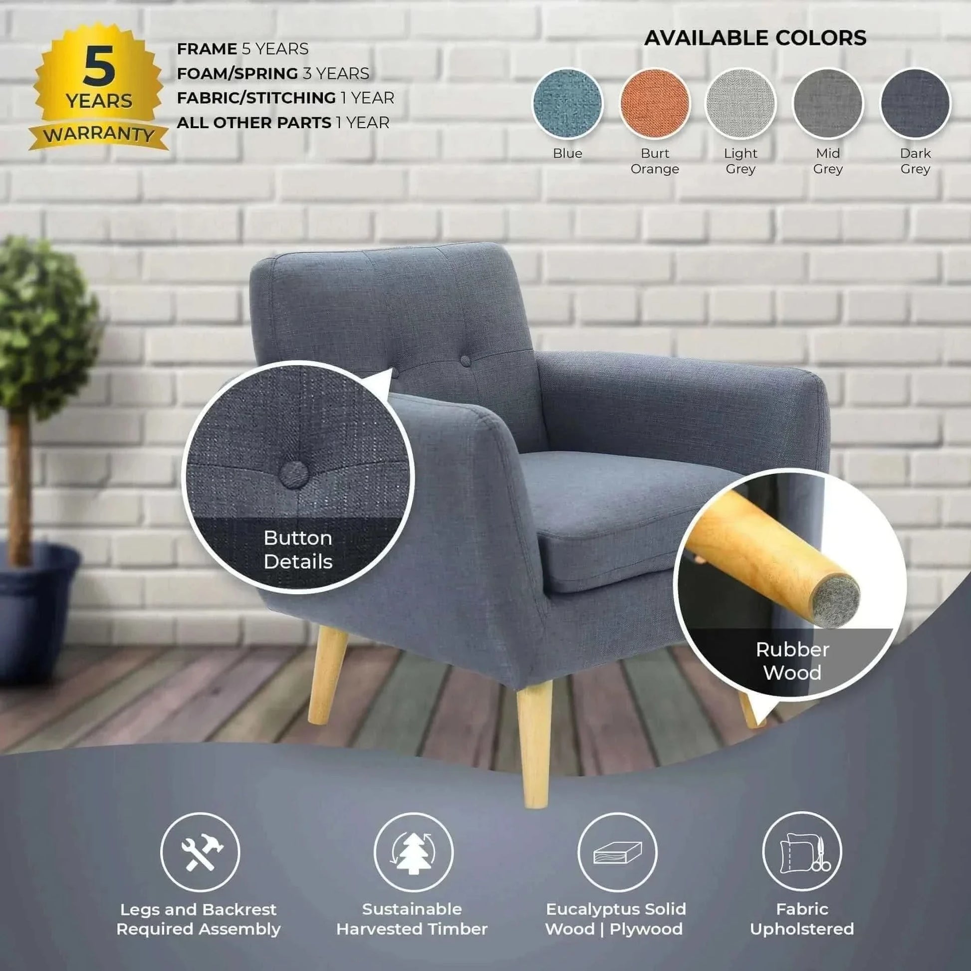 Dane Single Seater Fabric Upholstered Sofa Armchair Lounge Couch - Dar