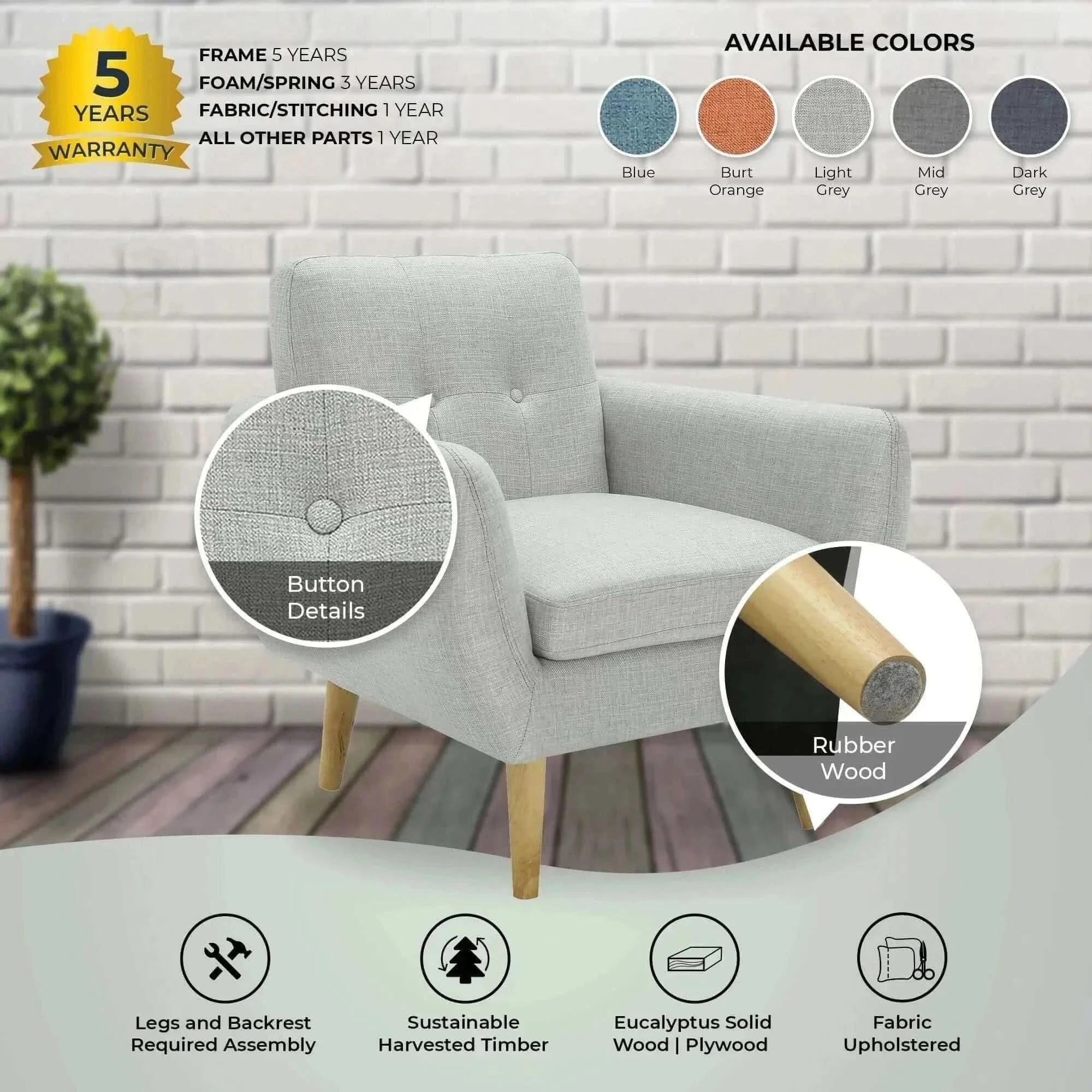 Dane Fabric Upholstered Single Couch Chair - Light Grey