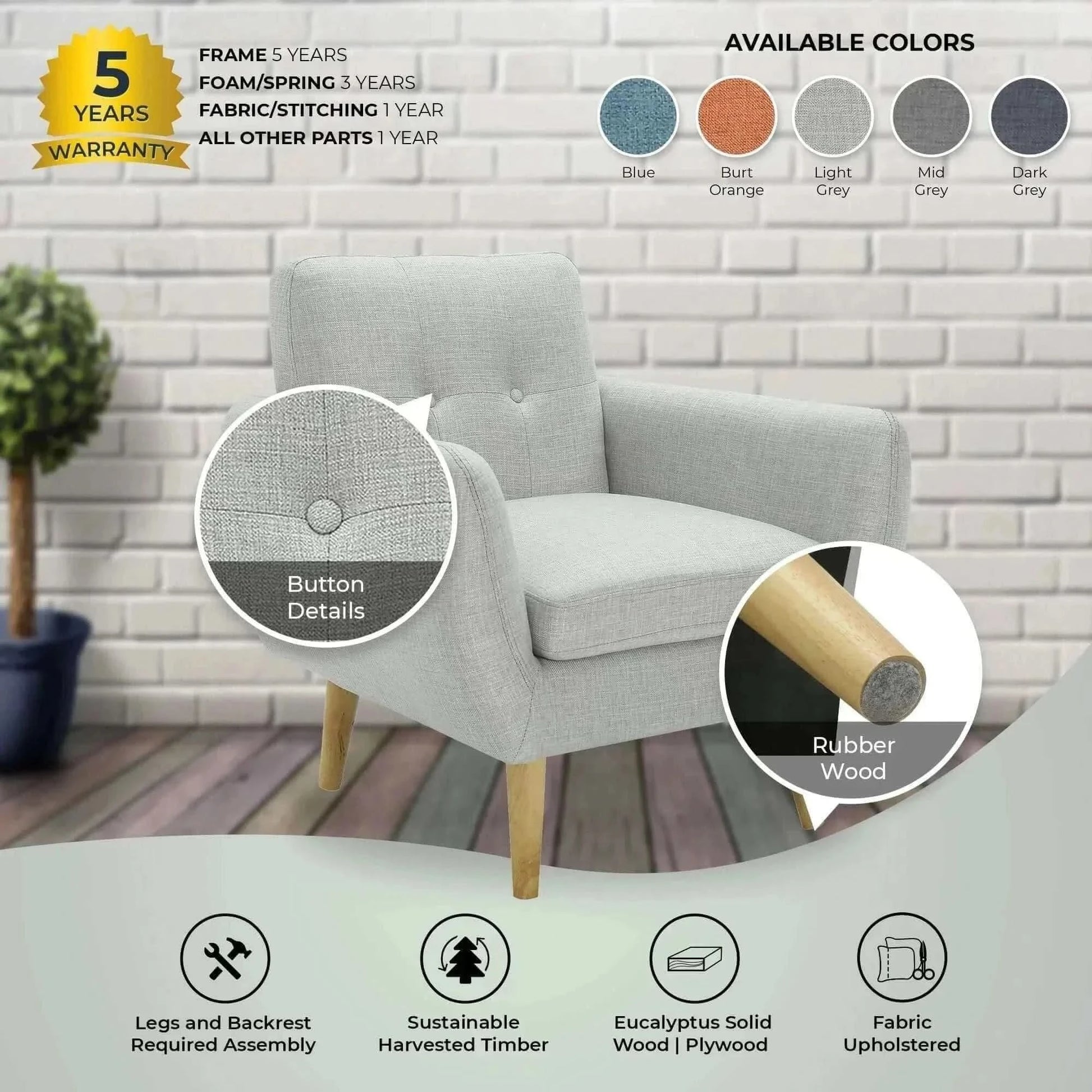 Dane 1 Seater Fabric Upholstered Sofa Armchair Set of 2 - Light Grey
