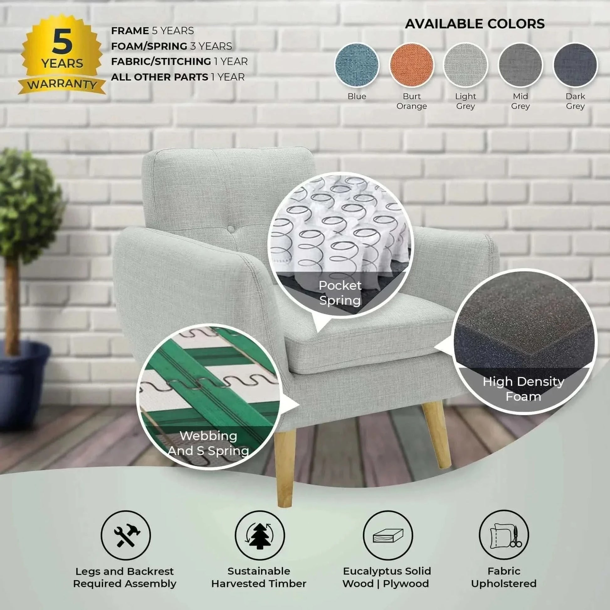 Dane 1 Seater Fabric Upholstered Sofa Armchair Set of 2 - Light Grey