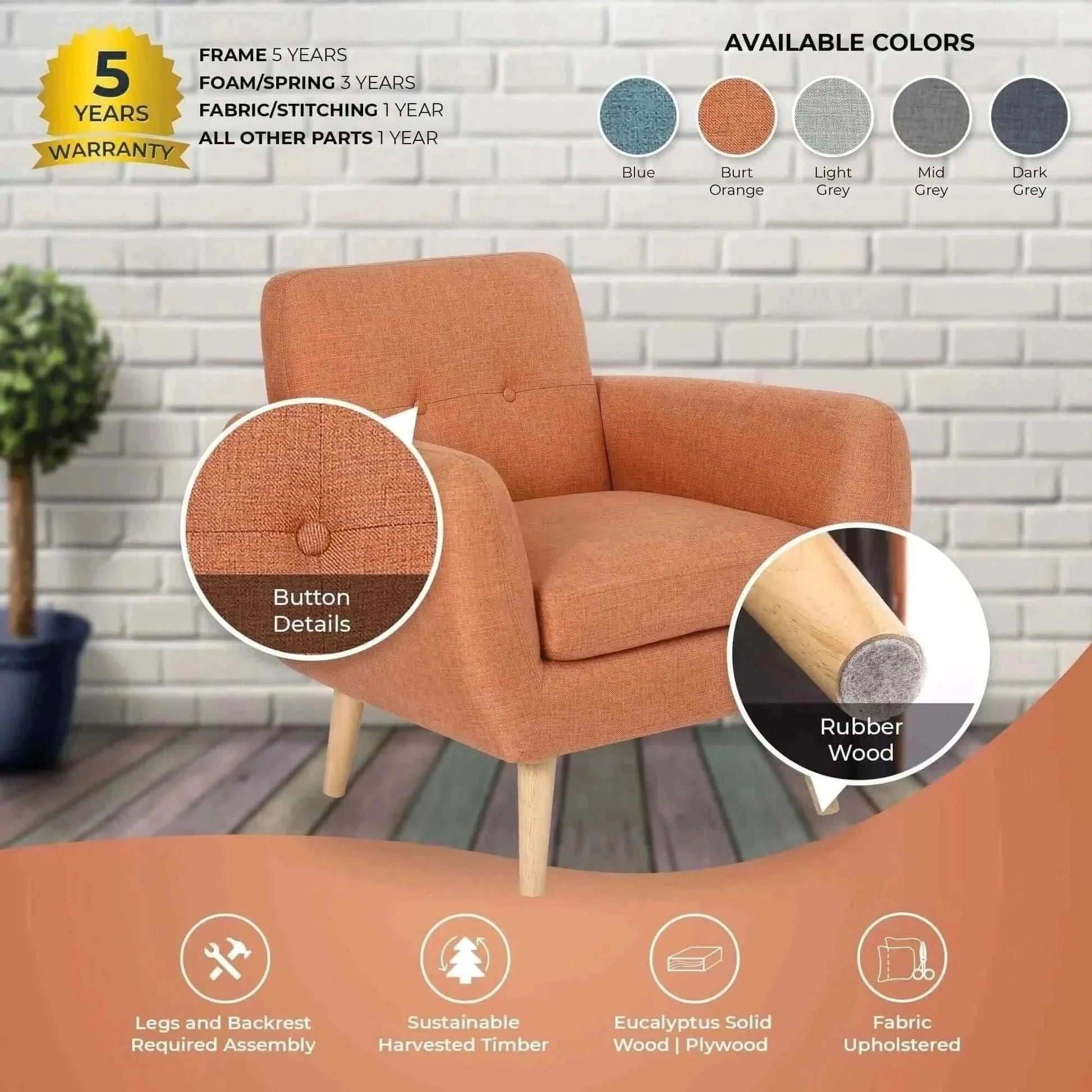 Dane 1 Seater Fabric Upholstered Sofa Armchair Set of 2 - Orange