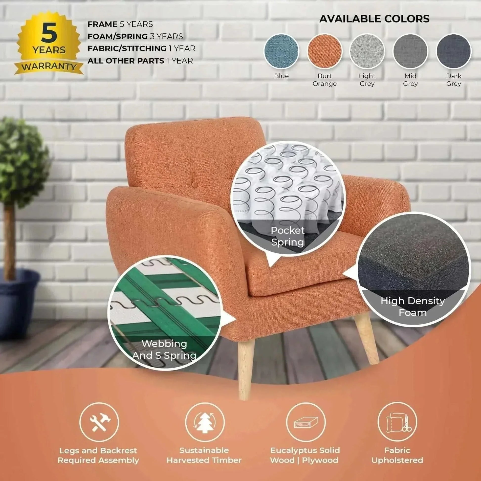 Dane 1 Seater Fabric Upholstered Sofa Armchair Set of 2 - Orange