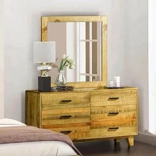 Dresser with 6 Storage Drawers in Solid Acacia With Mirror in Vintage 