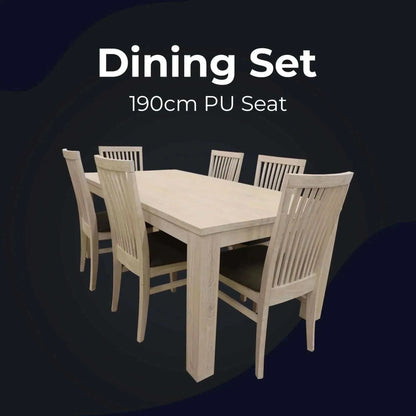 Foxglove 7pc Dining Set 190cm Table 6 PU Seat Chair - White