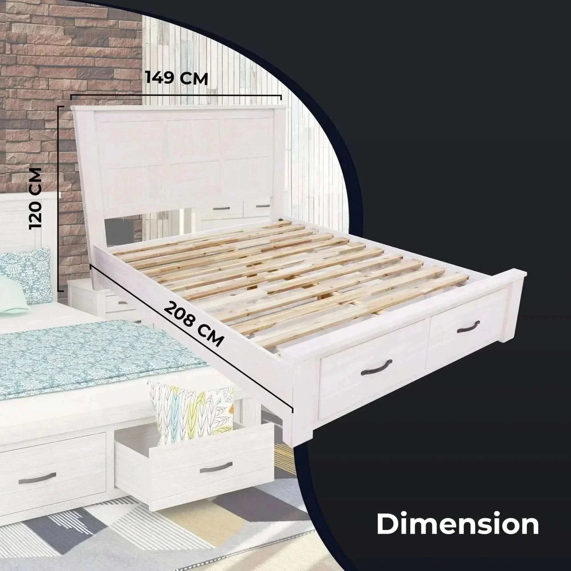 Foxglove Bed Frame Double Size Mattress Base With Storage Drawers - Wh