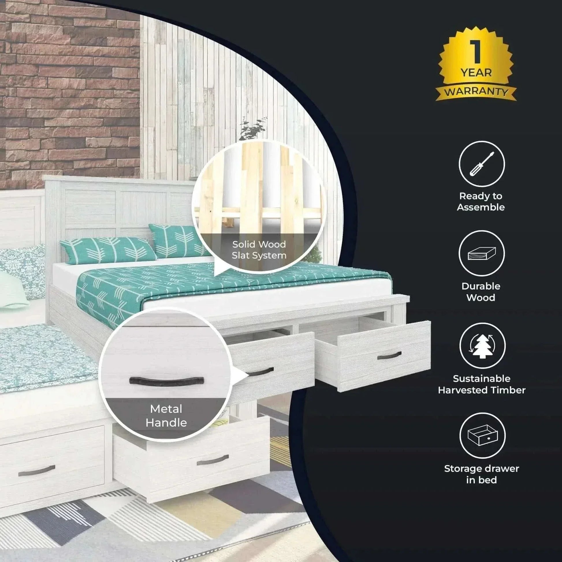 Foxglove Bed Frame Double Size Mattress Base With Storage Drawers - Wh