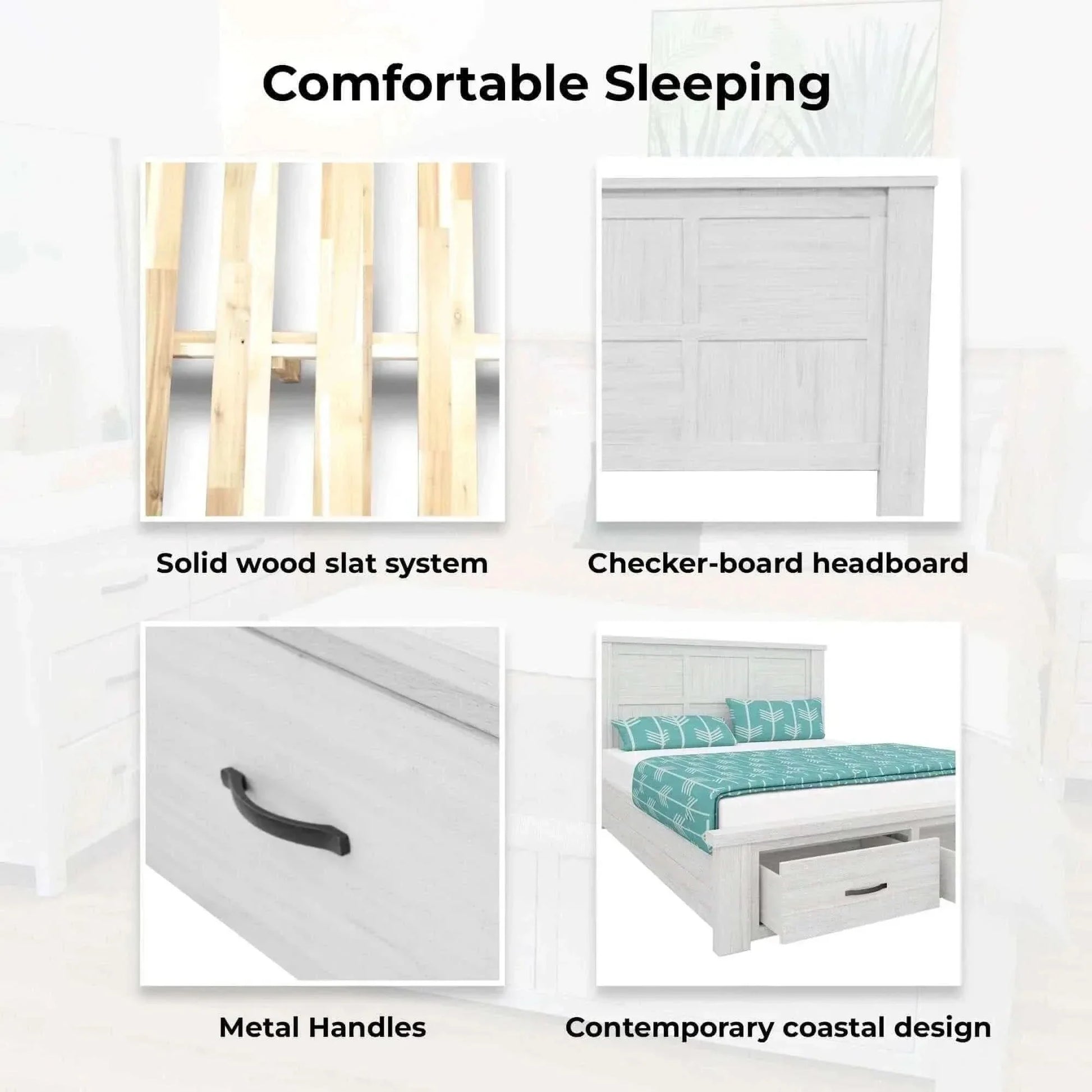 Foxglove Bed Frame Queen Size With Storage Drawers - White
