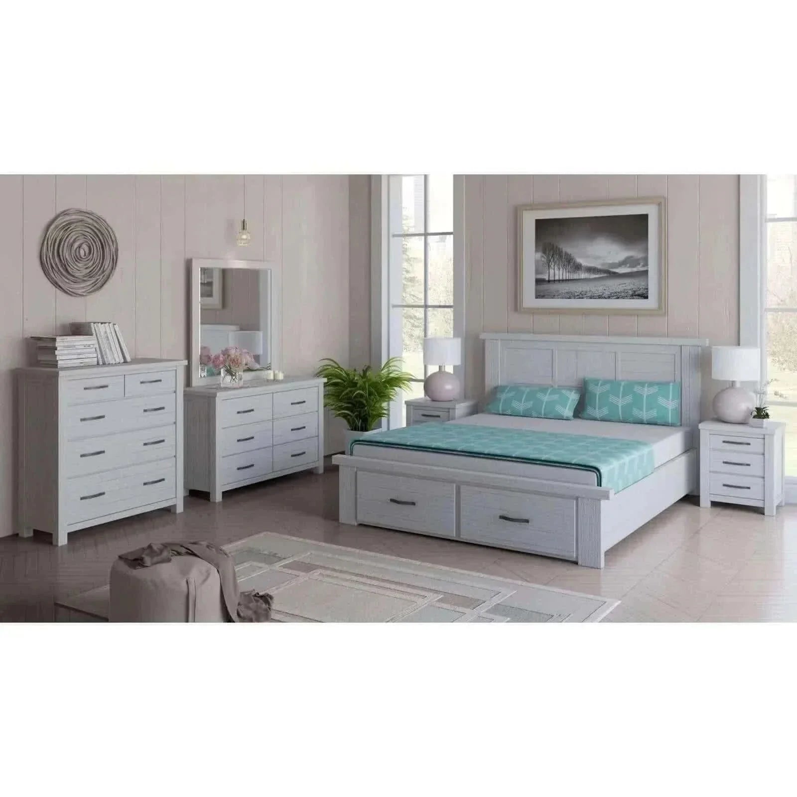 Foxglove Bed Frame Queen Size With Storage Drawers - White