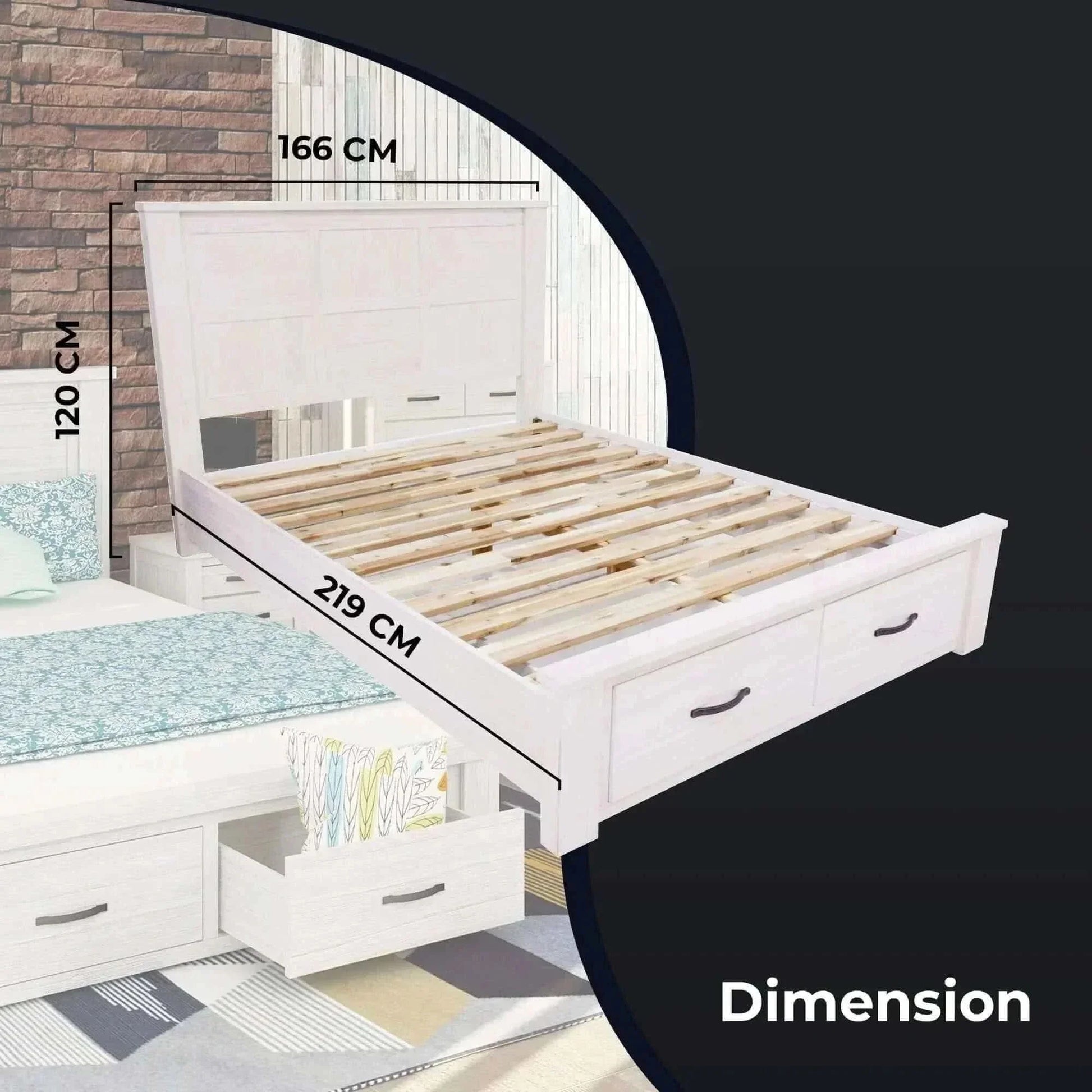 Foxglove Bed Frame Queen Size With Storage Drawers - White