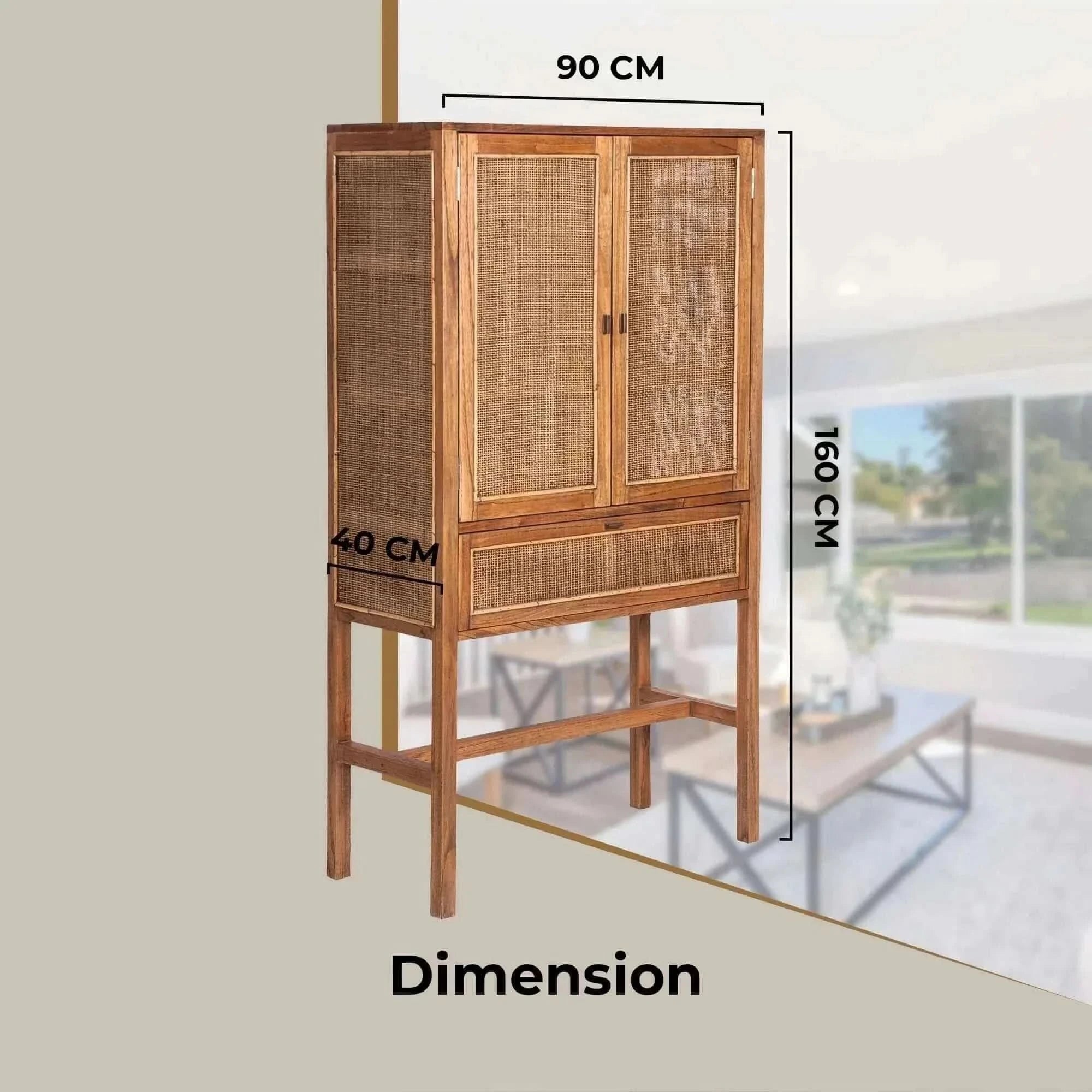 Jasmine Tall Storage Cabinet 90cm 2 Door 1 Drawer Mindi Wood Rattan - 