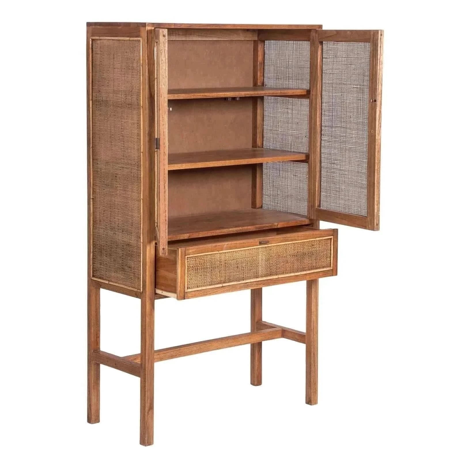 Jasmine Tall Storage Cabinet 90cm 2 Door 1 Drawer Mindi Wood Rattan - 