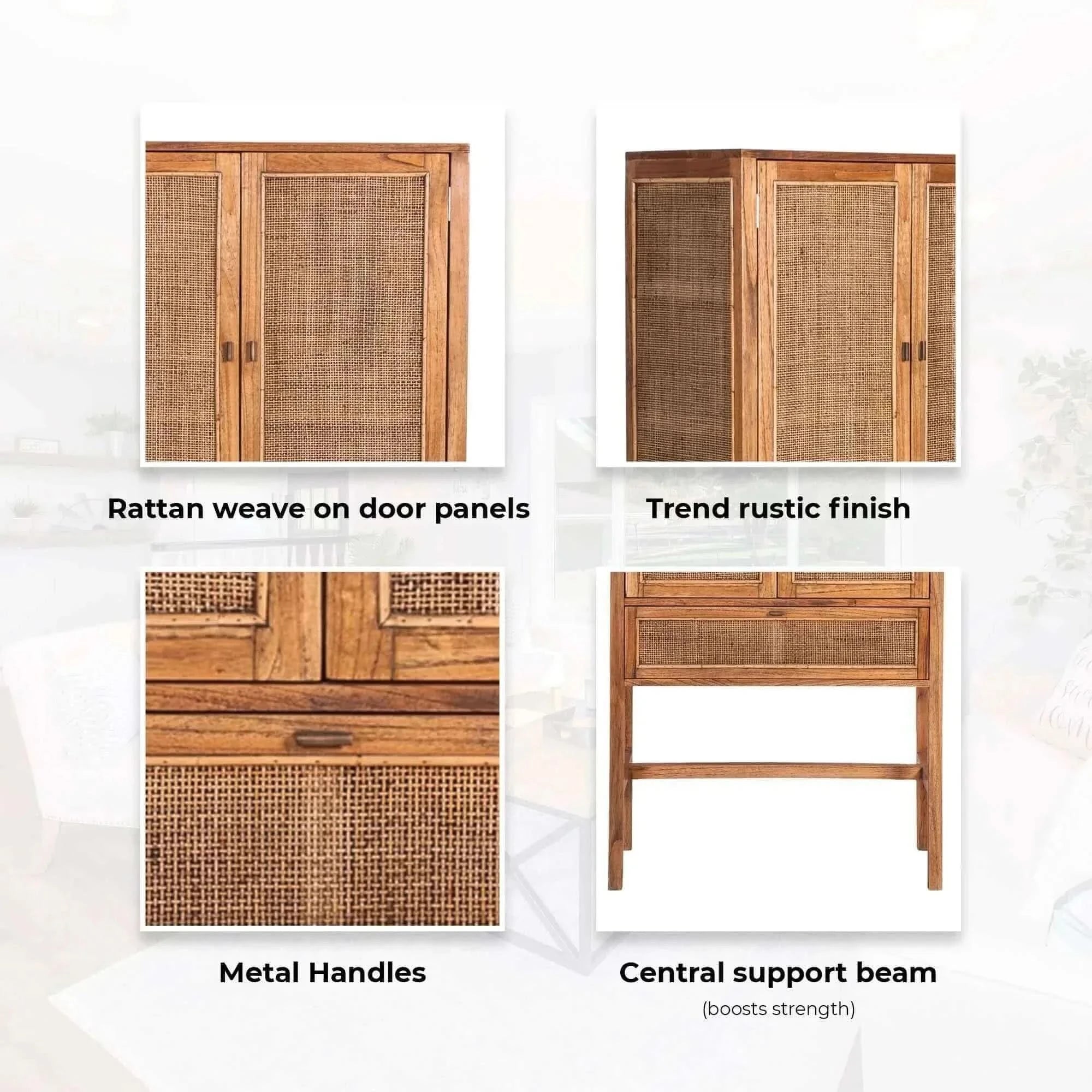 Jasmine Tall Storage Cabinet 90cm 2 Door 1 Drawer Mindi Wood Rattan - 