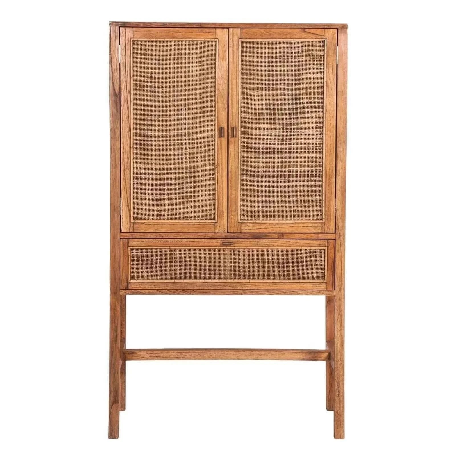 Jasmine Tall Storage Cabinet 90cm 2 Door 1 Drawer Mindi Wood Rattan - 