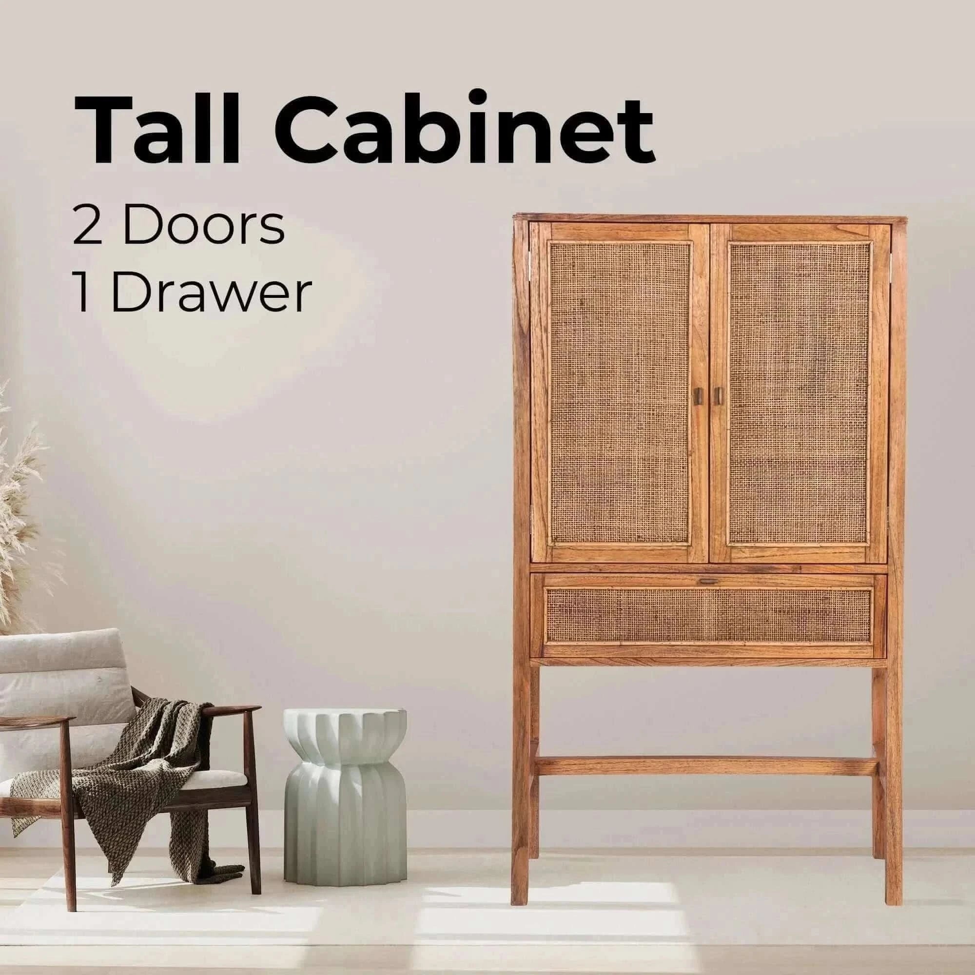 Jasmine Tall Storage Cabinet 90cm 2 Door 1 Drawer Mindi Wood Rattan - 