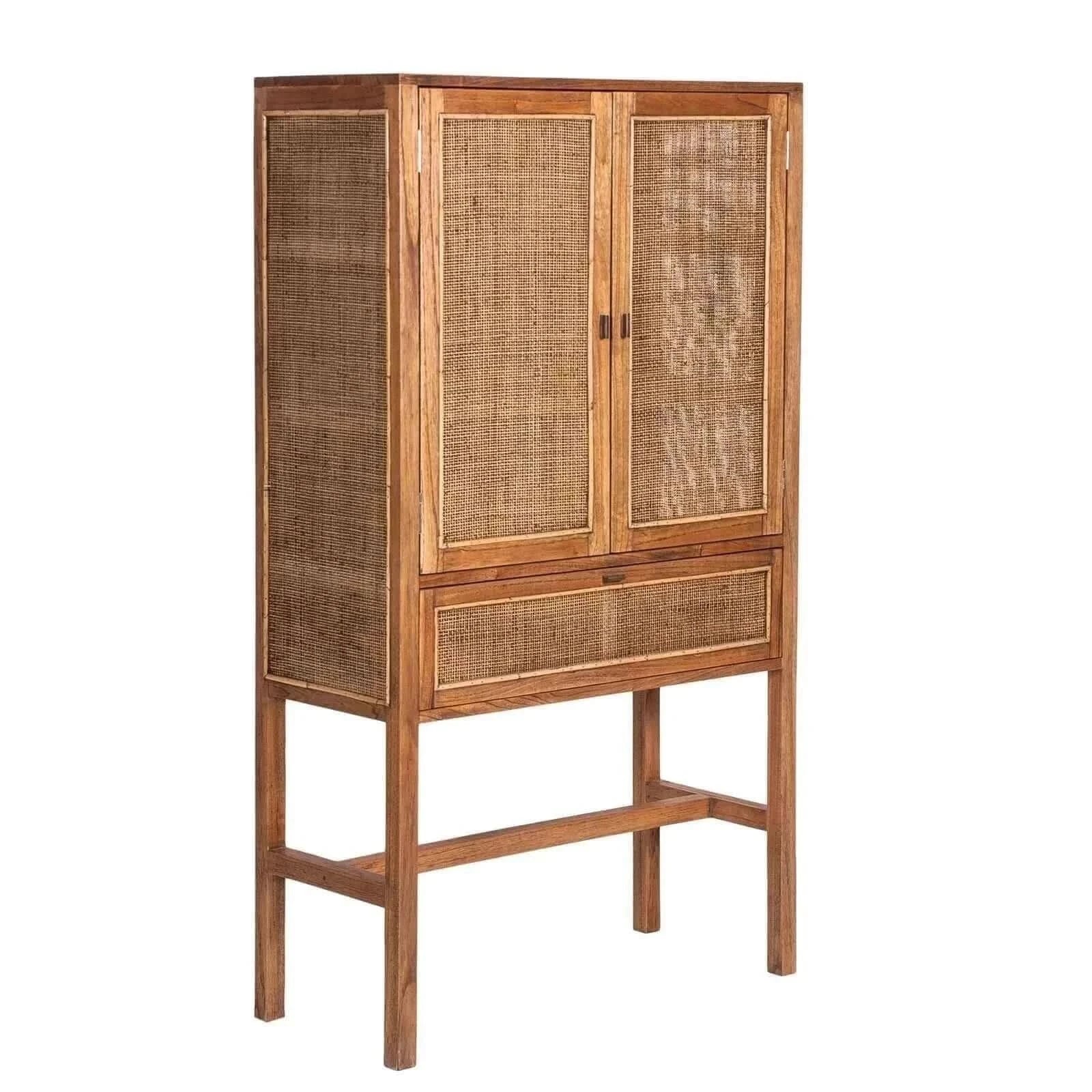 Jasmine Tall Storage Cabinet 90cm 2 Door 1 Drawer Mindi Wood Rattan - 
