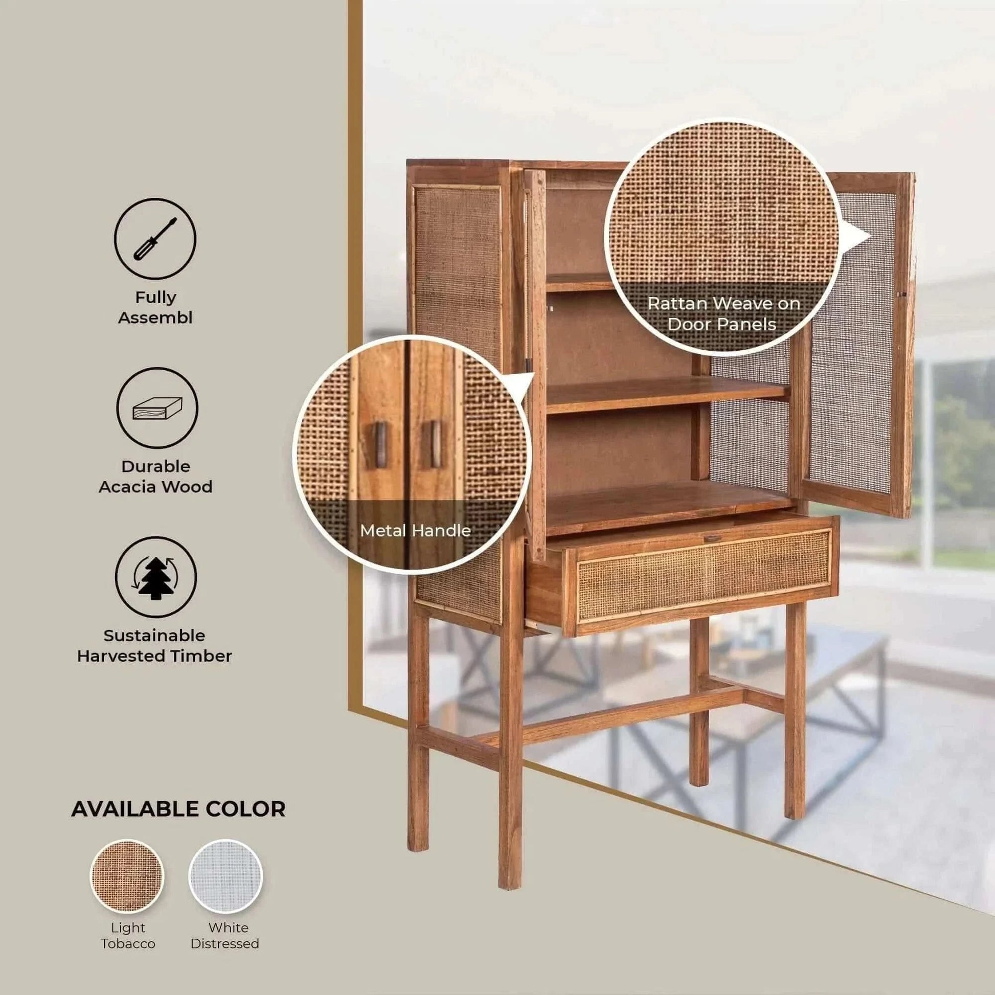 Jasmine Tall Storage Cabinet 90cm 2 Door 1 Drawer Mindi Wood Rattan - 