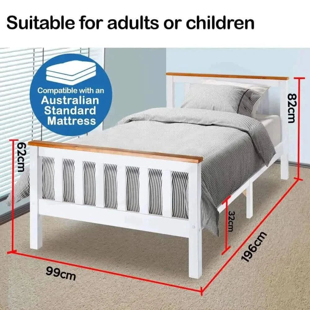 Kingston Slumber Single Wooden Bed Frame Base White Timber Kids Adults