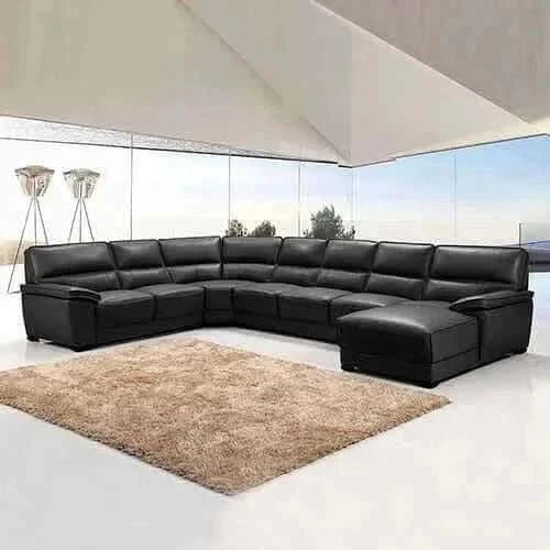 Modular Lounge 7 Seater Leather Corner Sofa in Black with Chaise