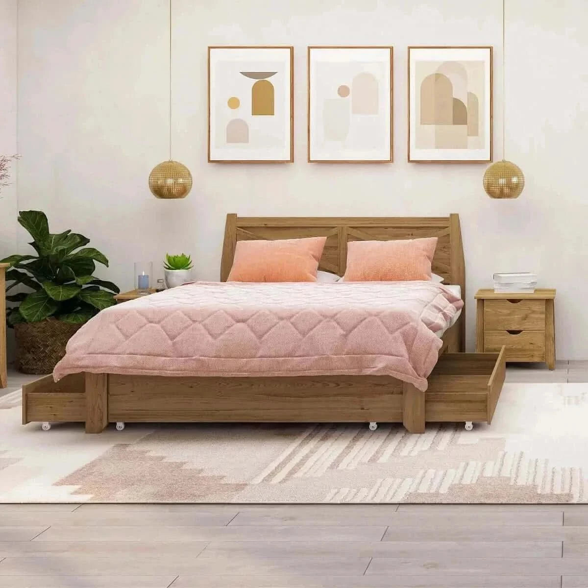 Mica Natural Wooden Bed Frame King With Storage Drawers