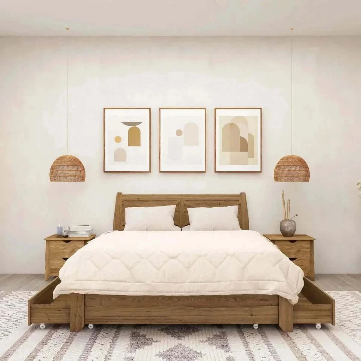 Mica Natural Wooden Bed Frame King With Storage Drawers