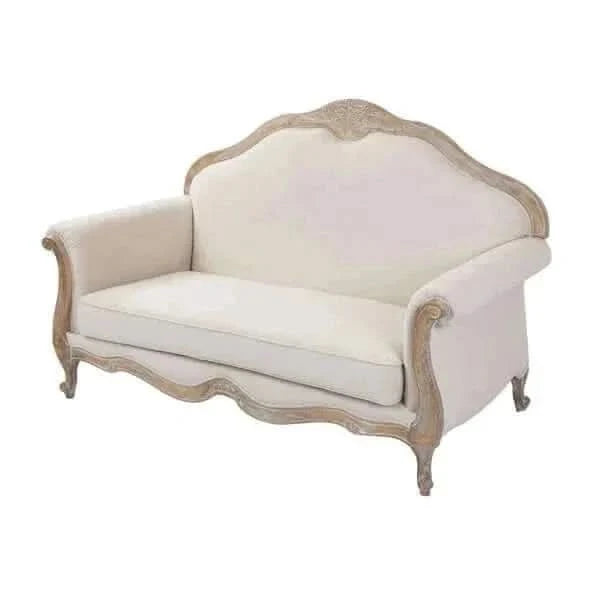 Oak Wood White Washed Finish Rolled Armrest 2 Seater Sofa Linen Fabric